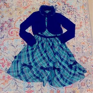 NWT Janie and Jack green and navy blue bow plaid holiday dress Sz 12